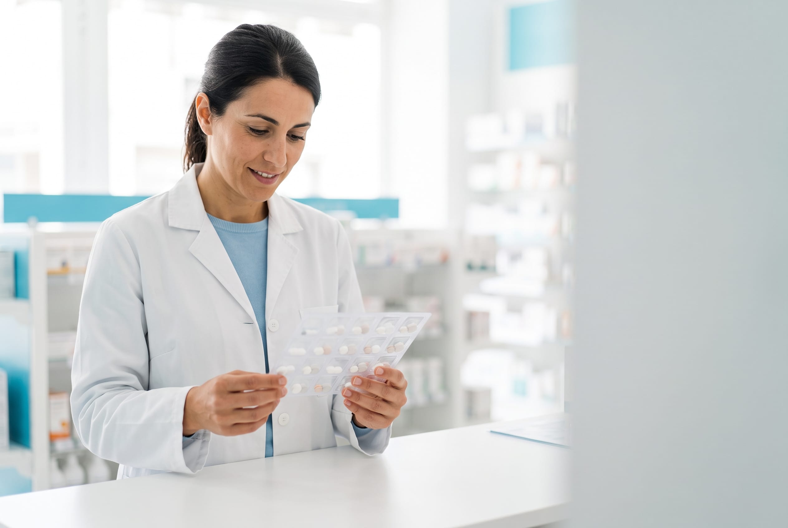 Farmacéutica preparando blísteres SPD para los residentes de un centro geriátrico